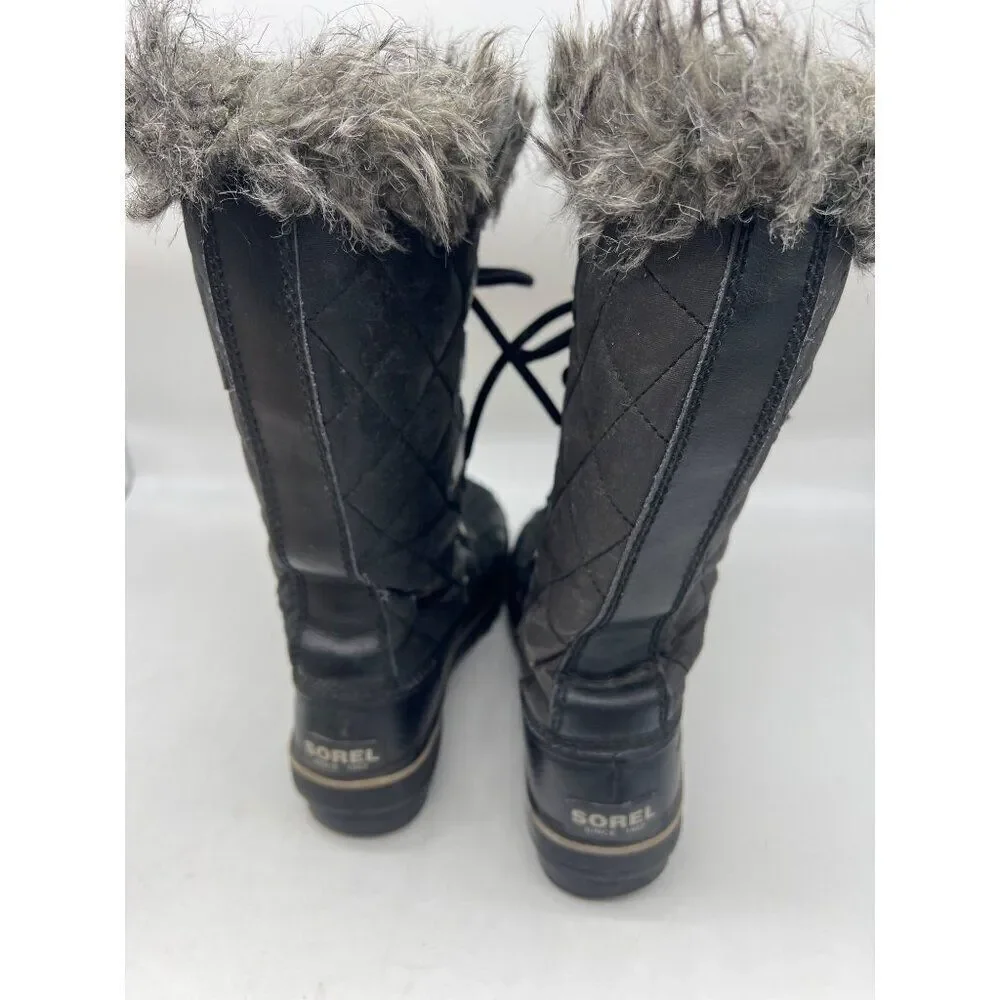 Sorel Tofino Cafe Women Black Canvas Waterproof Faux Fur Winter Duck Boots Size